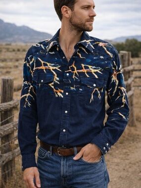 Wrangler Western Pearl Snap Shirt Lightning Print Blue Vintage Style Size L
